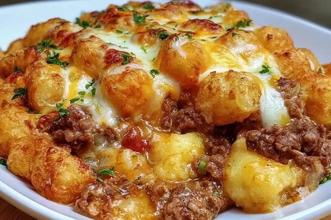 Delicious tater tot casserole topped with crispy tater tots and melted cheese.