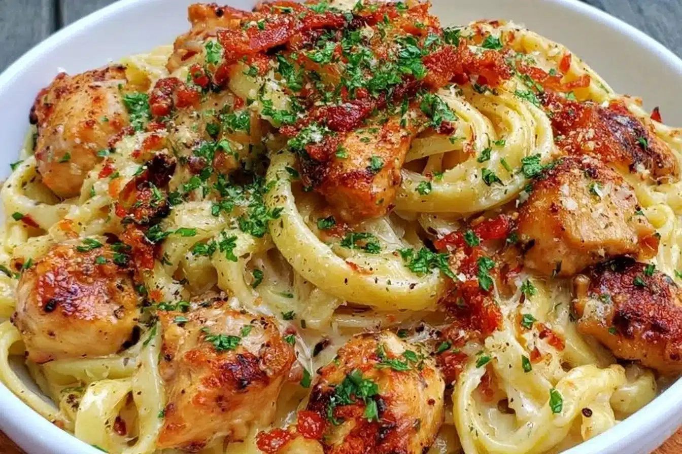 Bowl of simple garlic butter chicken pasta topped with parsley