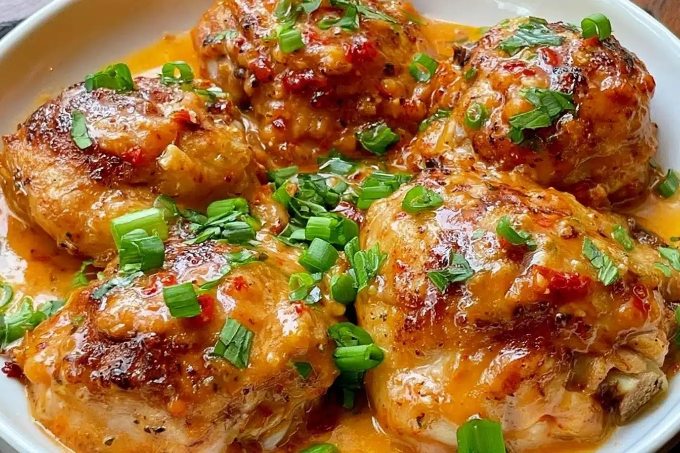 Skillet Bang Bang Chicken Thighs garnished with fresh herbs on a plate.