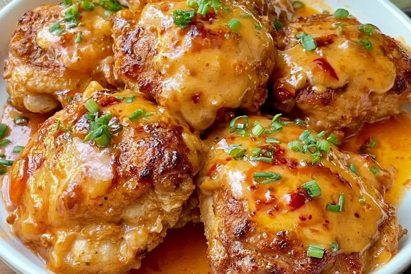 Skillet Bang Bang Chicken Thighs in a frying pan, garnished and ready to serve.