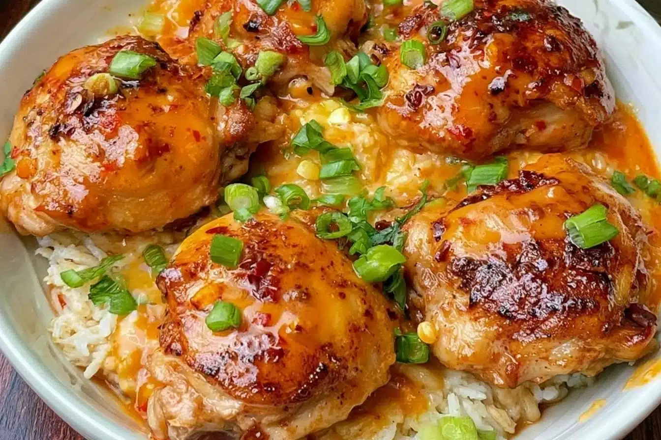 Delicious Skillet Bang Bang Chicken Thighs served in a skillet with vibrant vegetables