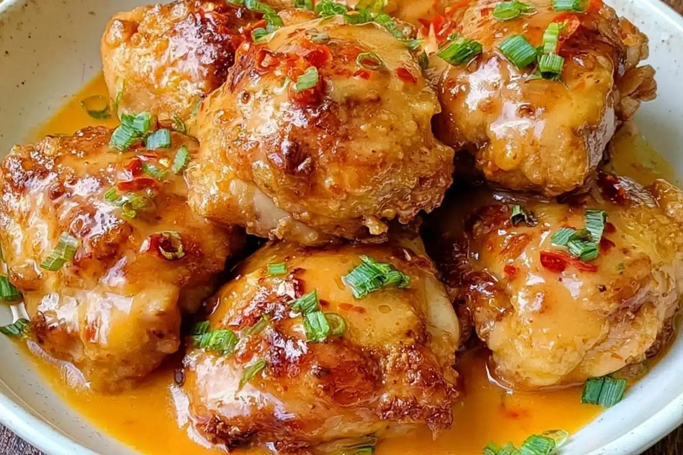 Skillet Bang Bang Chicken Thighs served on a plate with vibrant vegetables