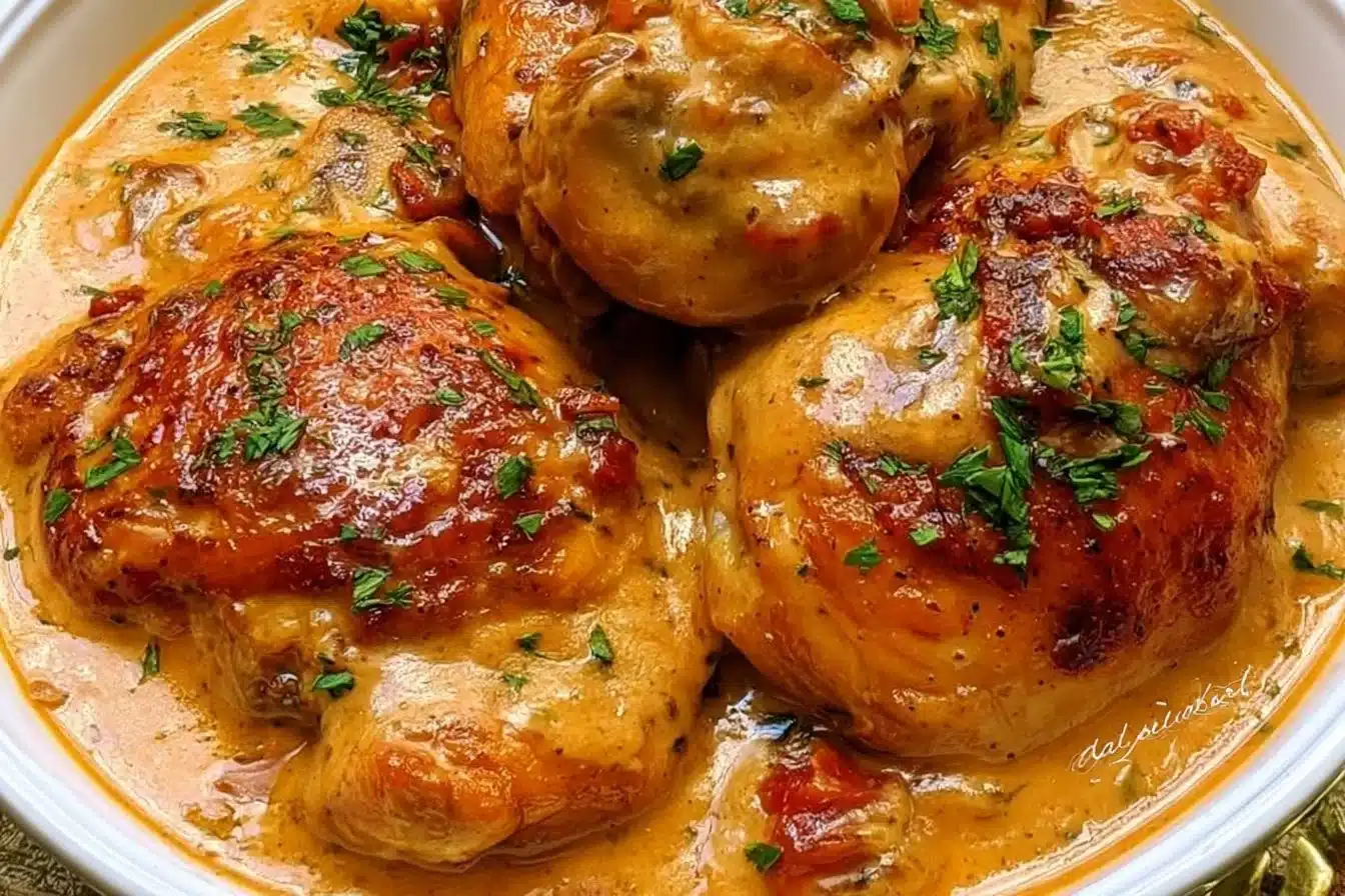 Plate of smothered chicken served with creamy gravy and vegetables.