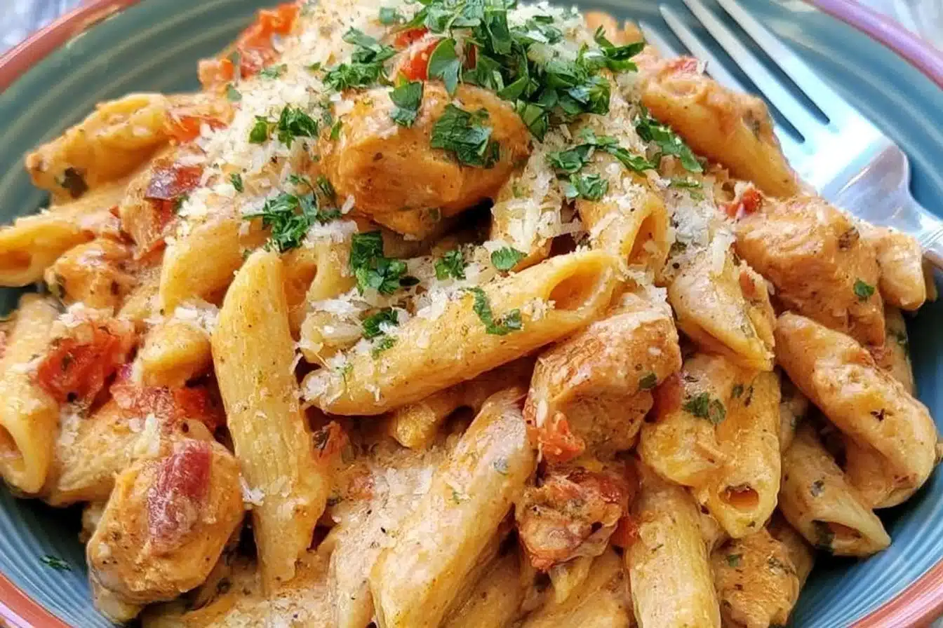 Delicious Southwest Alfredo Penne Pasta served in a bowl with herbs