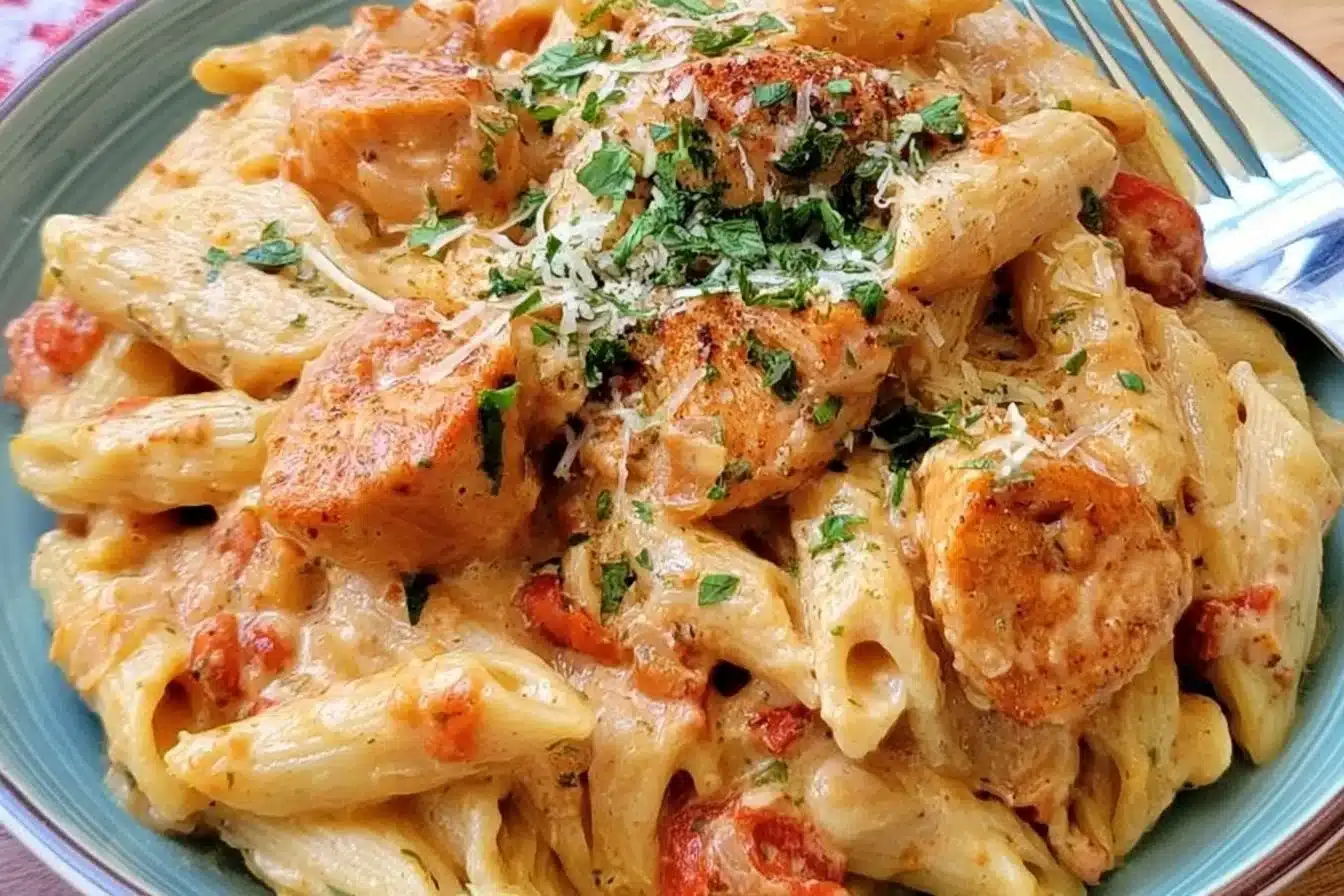 Delicious Southwest Chicken Alfredo with creamy sauce and spices