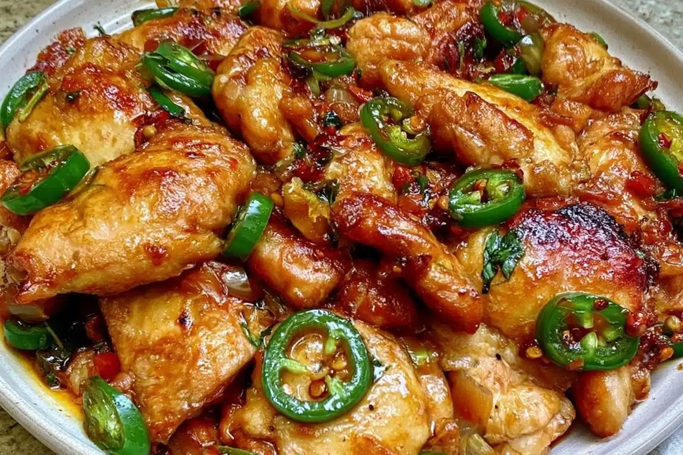 Spicy jalapeño chicken served with a side of rice and vegetables.