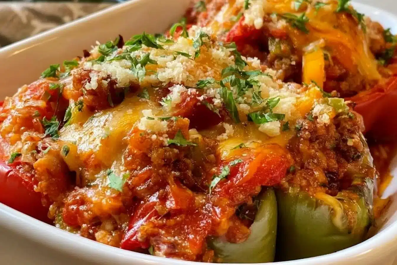 Delicious stuffed pepper casserole with colorful peppers and savory filling