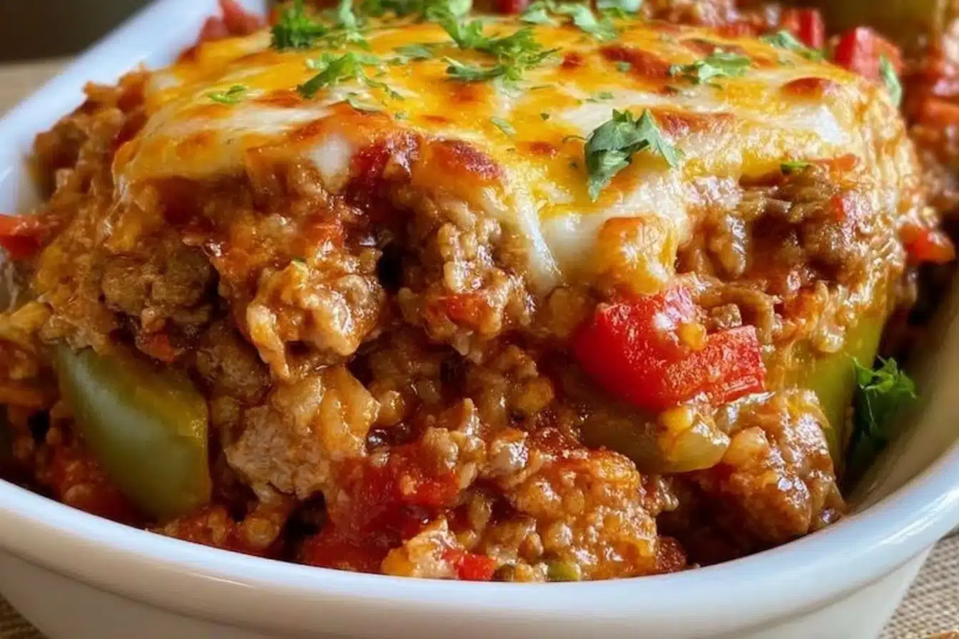 Delicious stuffed pepper casserole served in a baking dish