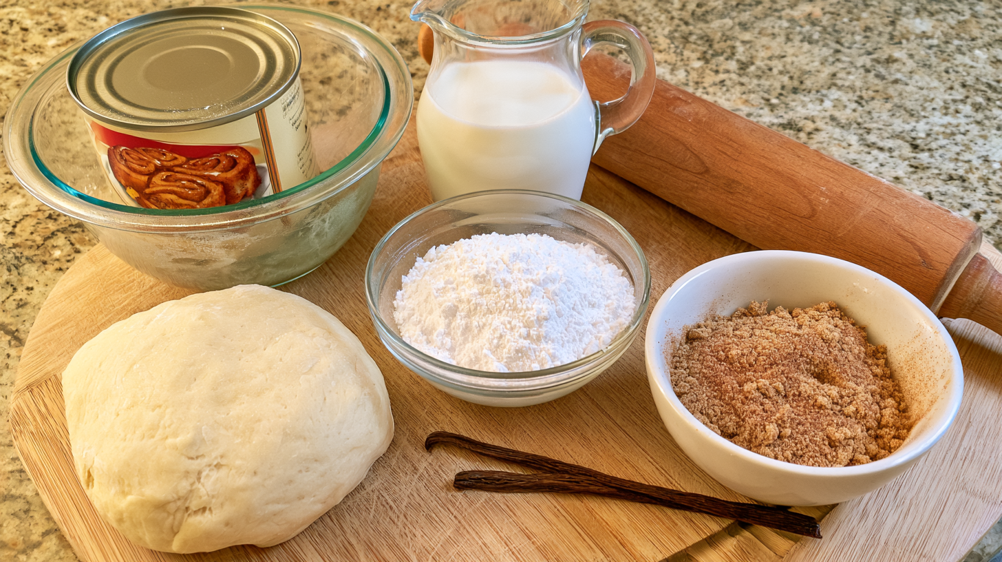 Table of ingredients for scrambled cinnamon rolls including canned dough, powdered sugar, milk, and vanilla extract