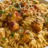 Delicious cowboy butter chicken pasta topped with herbs and spices.