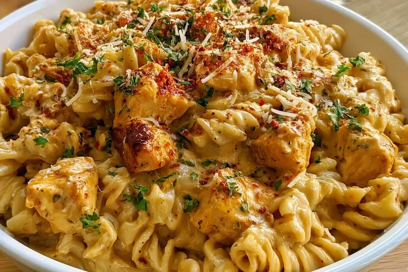 Delicious cowboy butter chicken pasta topped with herbs and spices.