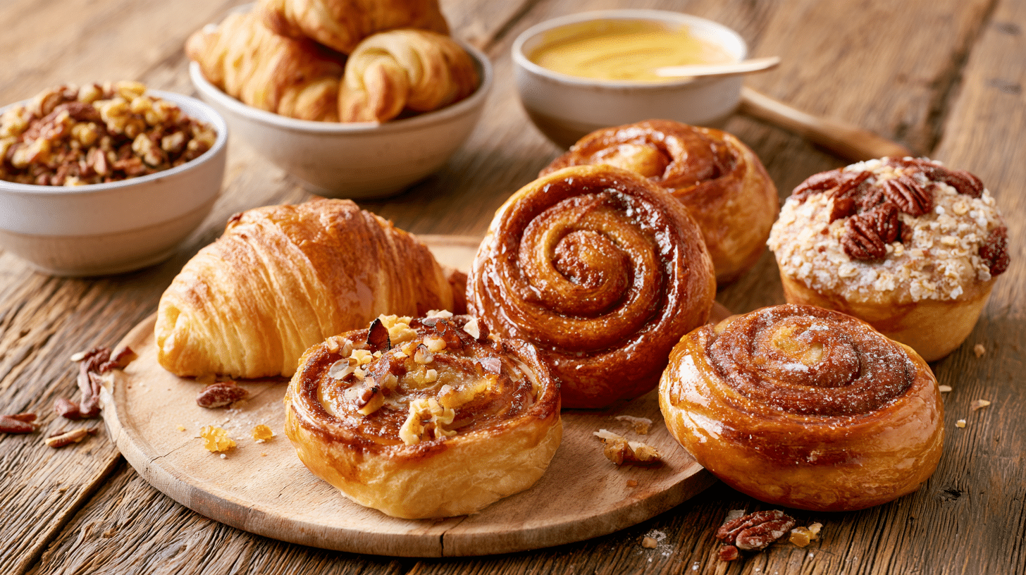 Various adaptations for scrambled sweet rolls, including different types of pastry, sweeteners, and toppings, presented on a rustic wooden table.
