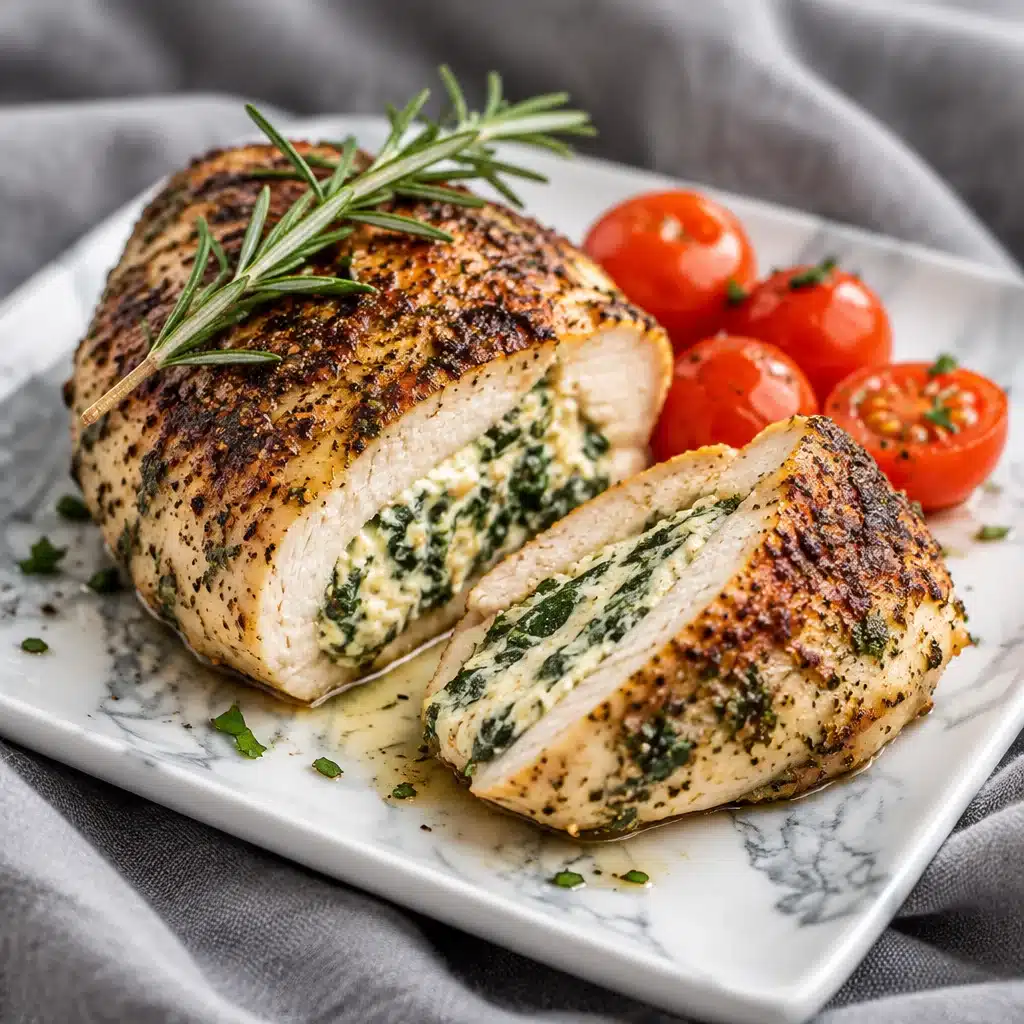 Air Fryer Stuffed Chicken Breast mit Spinat & Cream Cheese ready to serve.