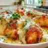 Baked Caesar Chicken served on a plate with salad and dressing