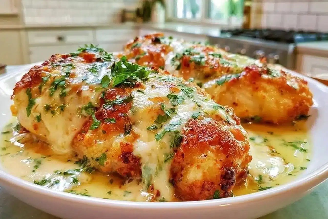 Baked Caesar Chicken served on a plate with salad and dressing