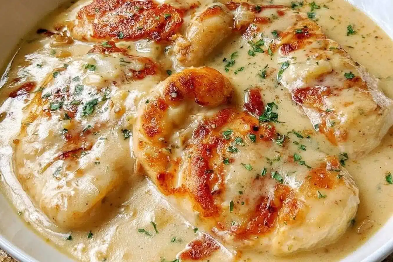 Chicken breasts cooked in a creamy garlic sauce served on a plate
