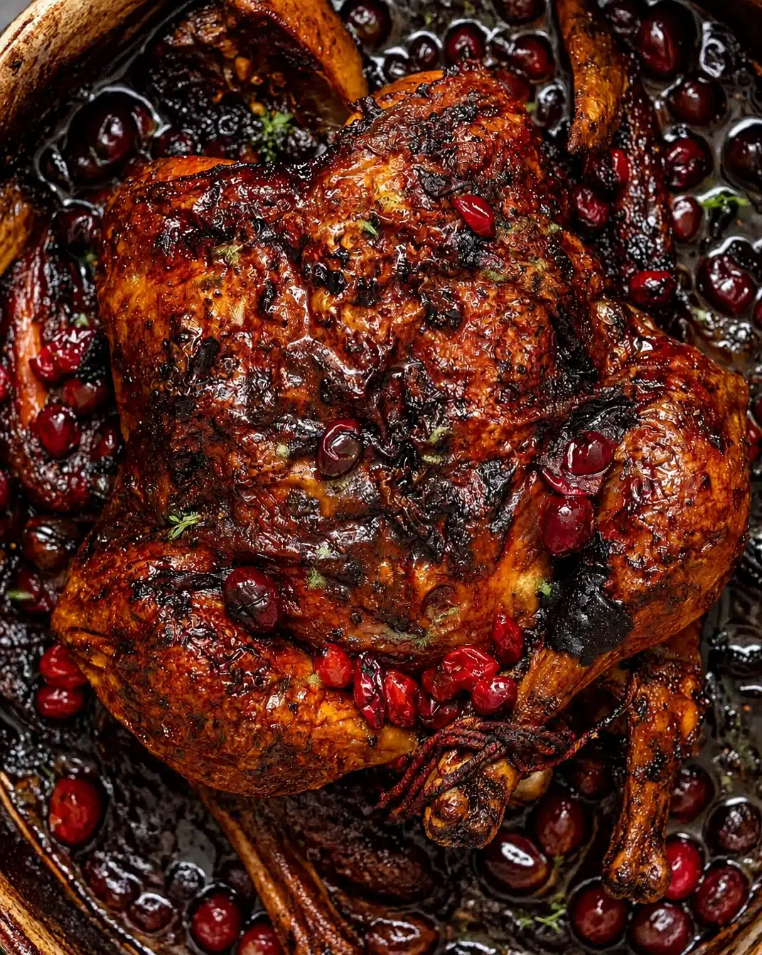 Cranberry Maple Roast Chicken served with fresh herbs and seasonal garnishes