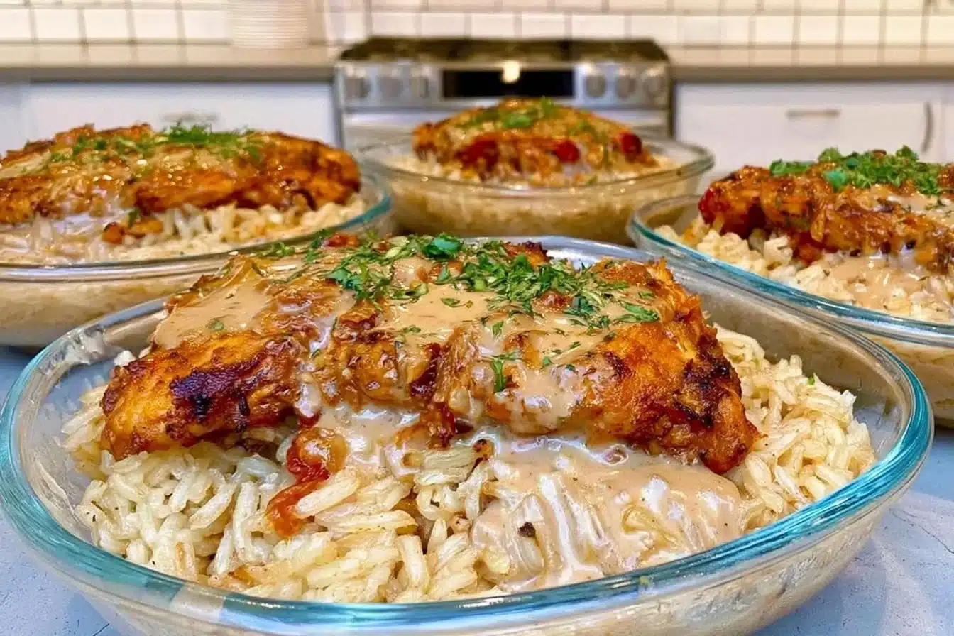 Creamy Cajun chicken and rice bowl high in protein for meal prep