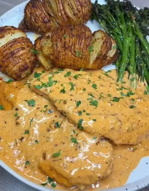 Creamy Cajun chicken served with crispy air fryer Hasselback potatoes