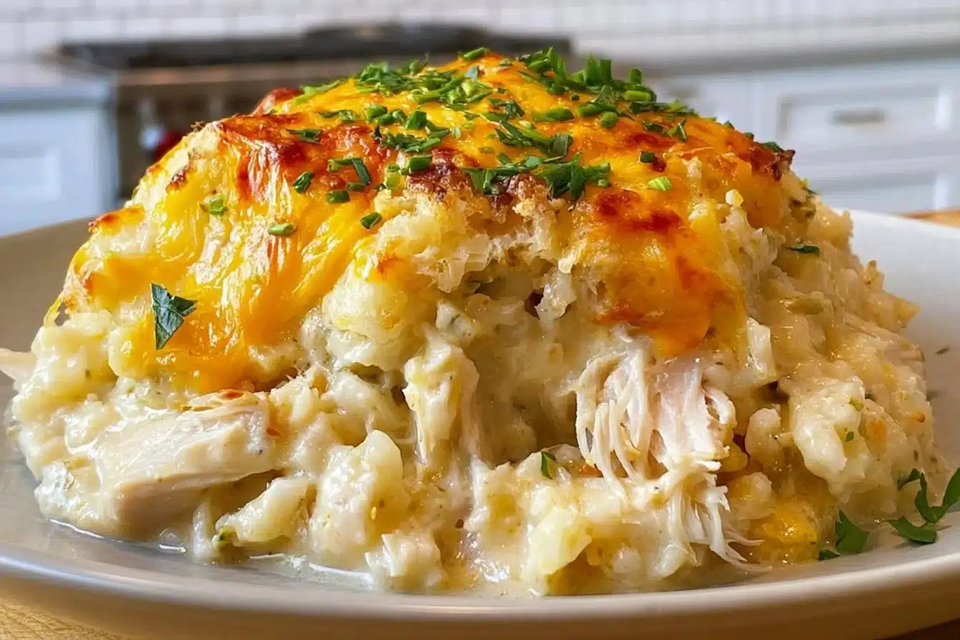 Creamy chicken cauliflower rice casserole, a light and comforting dish