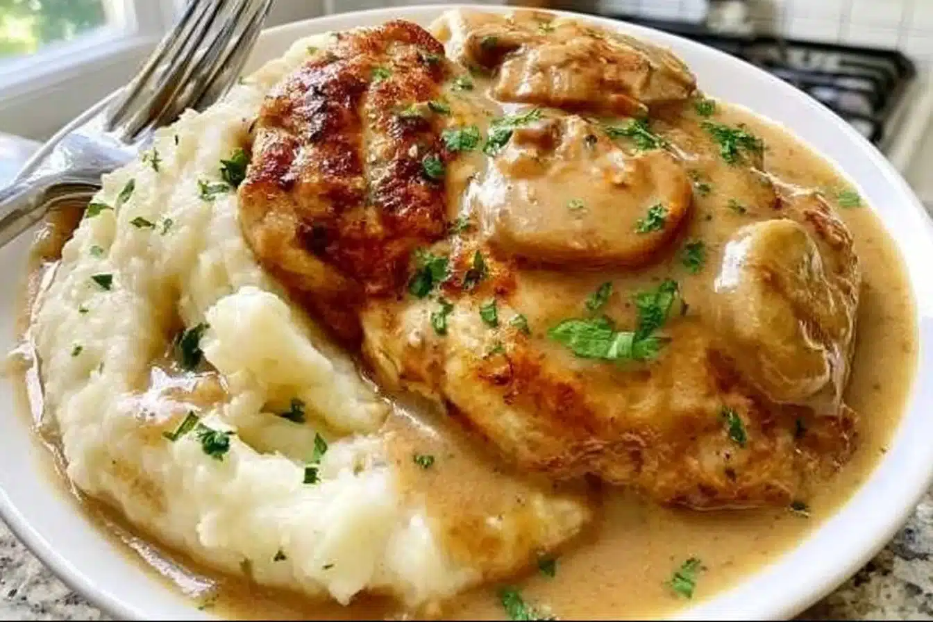 Creamy garlic chicken served with gravy and mashed potatoes on a plate.