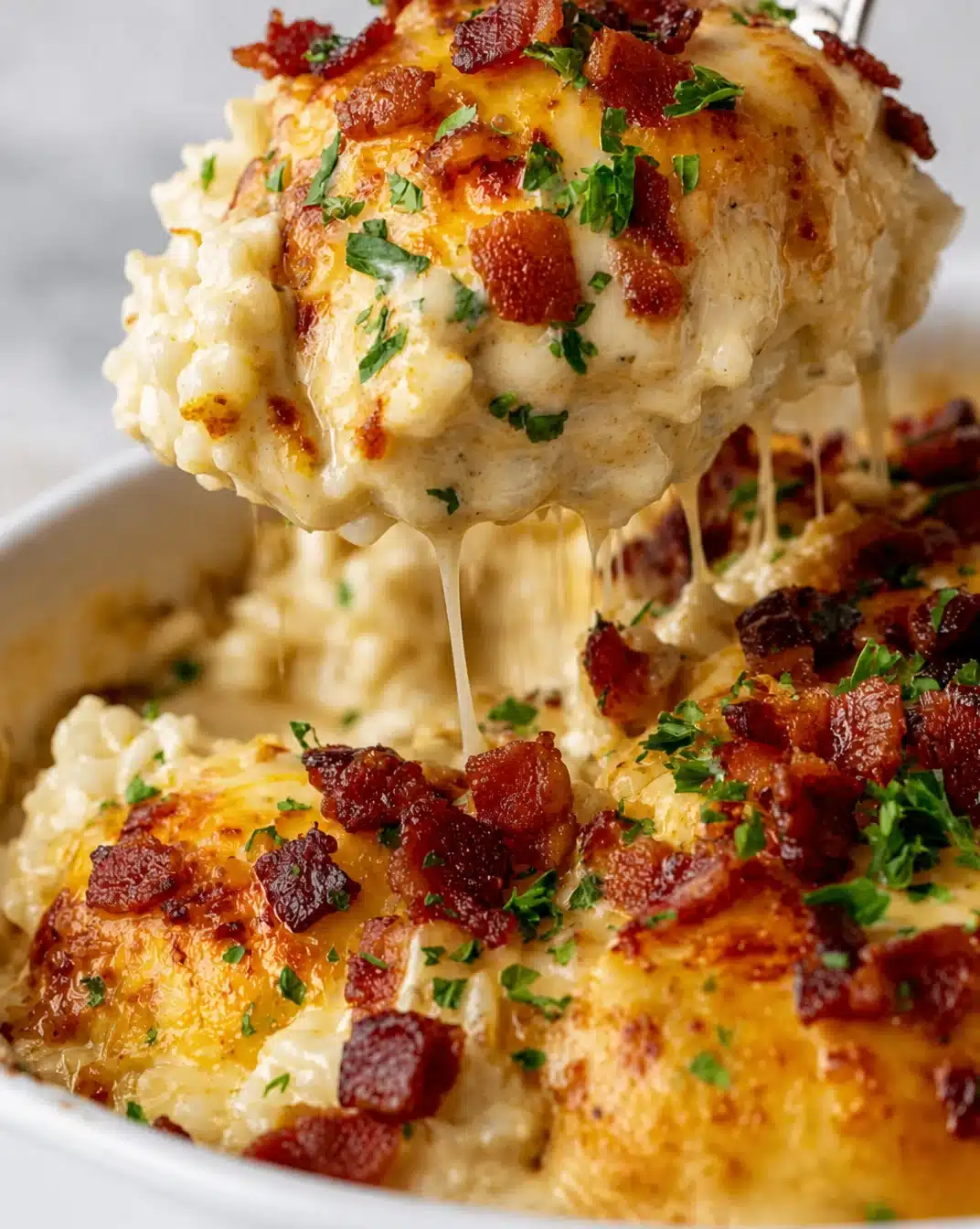 Delicious creamy Southern smothered chicken served with gravy and sides.