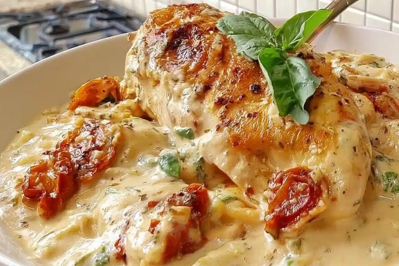 Creamy Tuscan chicken topped with spinach and sun-dried tomatoes in a rich sauce.