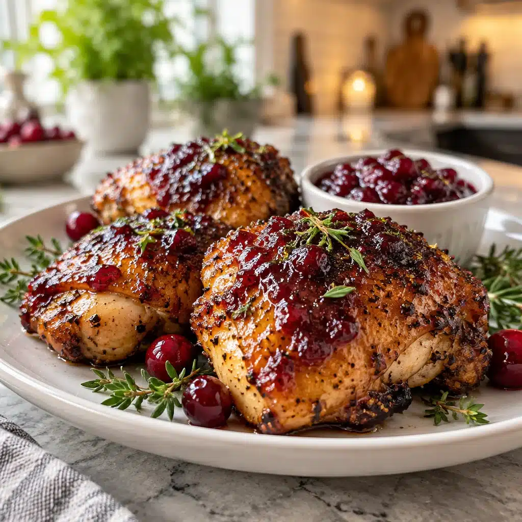 Cranberry Glazed Air Fryer Chicken Thighs garnished with fresh herbs on a plate.