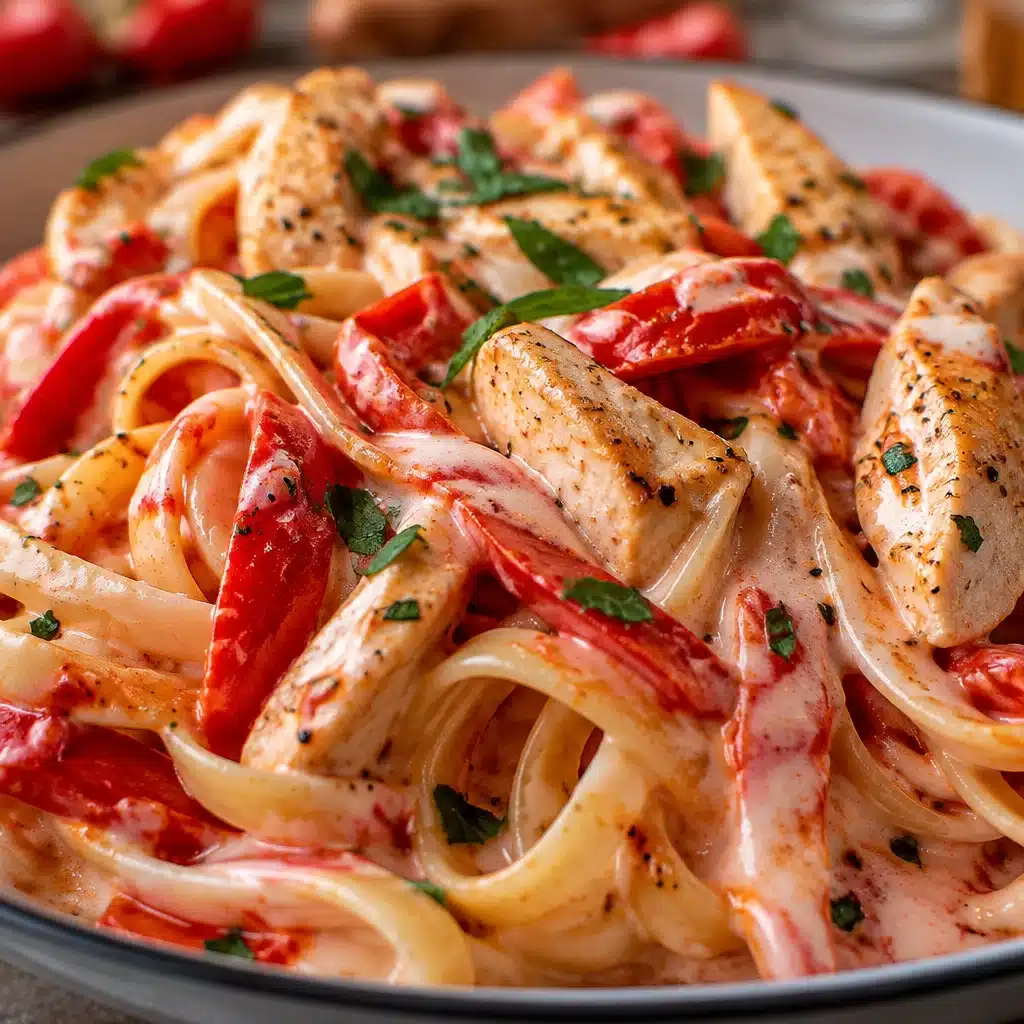 Delicious Candy Cane Chicken Pasta mit rot-weißer Sauce served on a plate.
