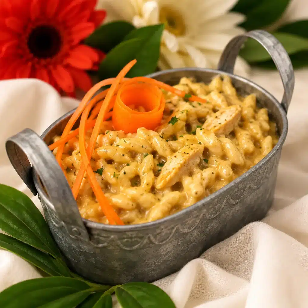 A delicious plate of Garlic Butter Chicken Pasta mit Rosmarin & Cranberries garnished with herbs.
