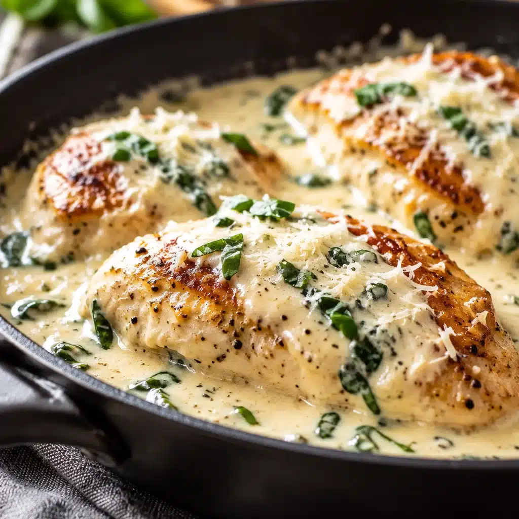 Creamy Garlic Parmesan Chicken in a skillet with a rich garlic sauce
