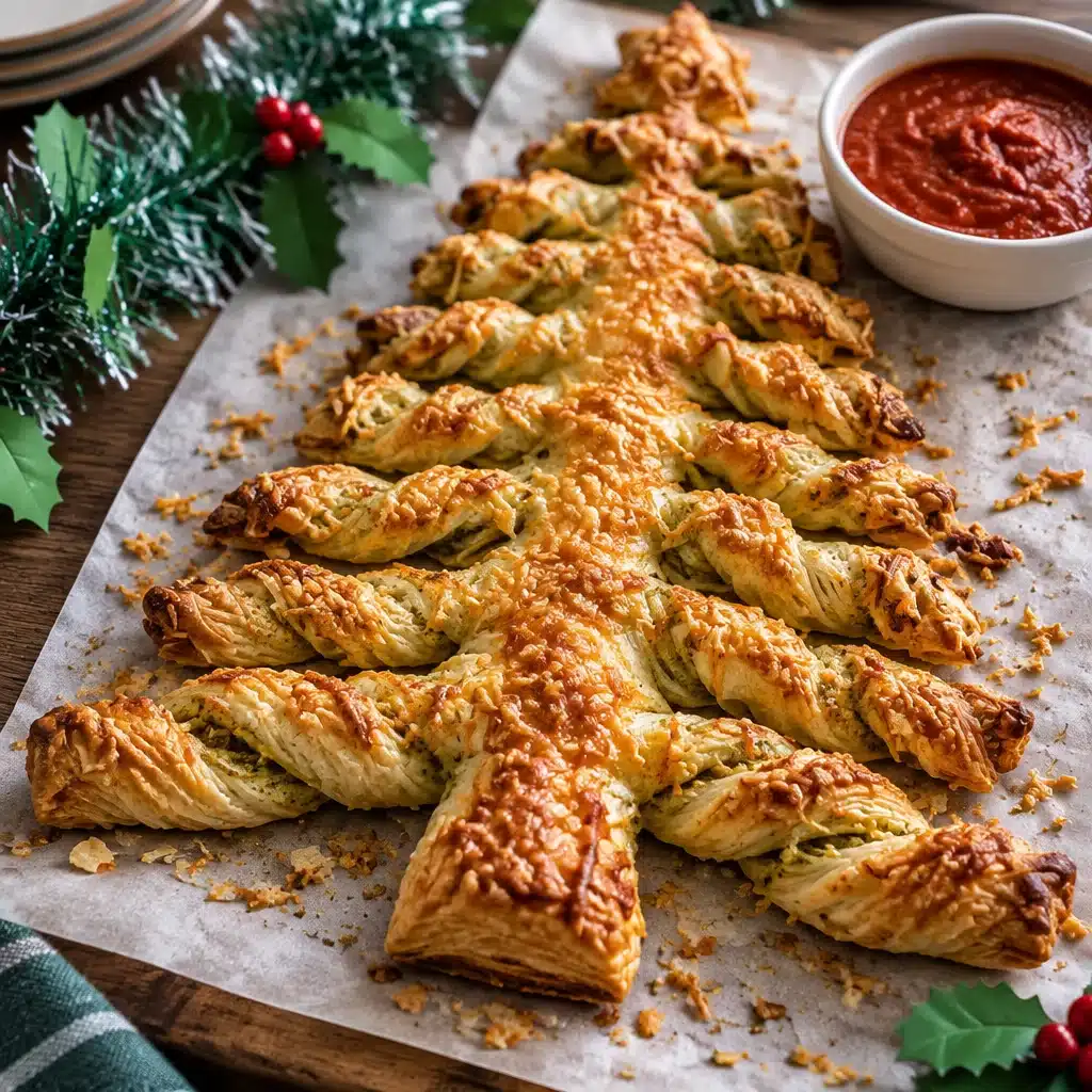 Festive Christmas Tree Pesto Chicken Pasta served with fresh herbs.