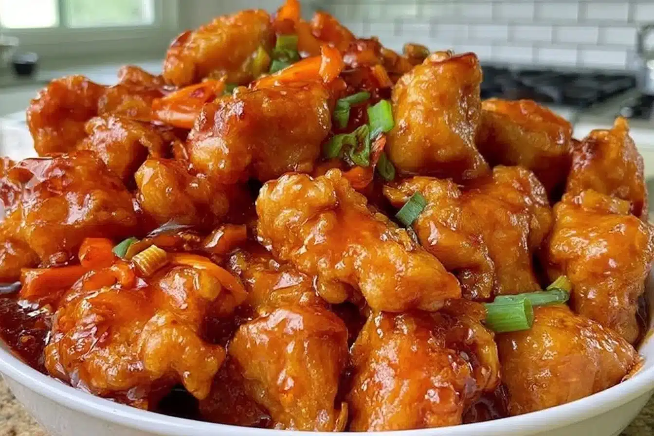 Plate of Firecracker Chicken served with rice and vegetables