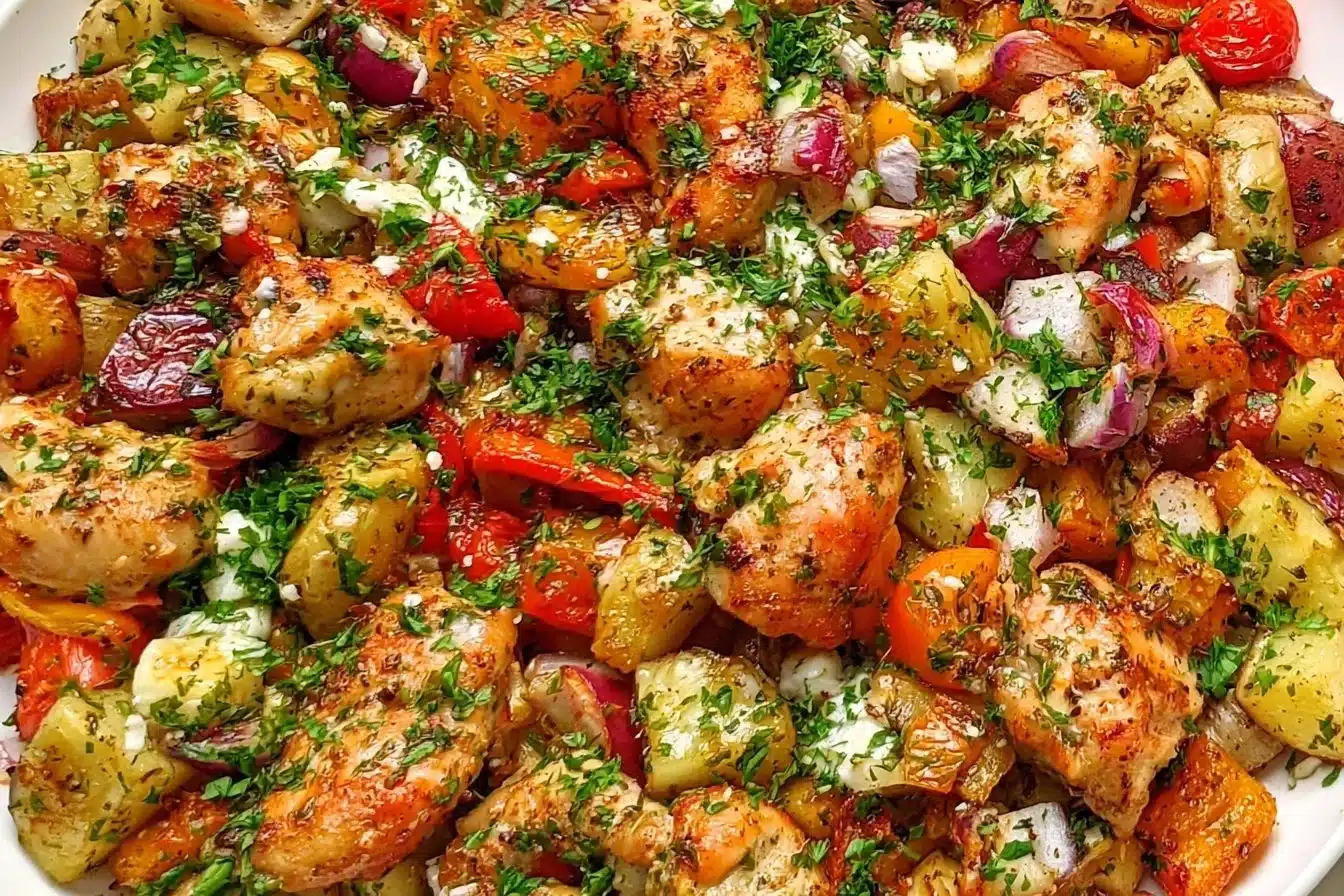 Greek Sheet Pan Chicken and colorful veggies ready for a healthy one-pan dinner