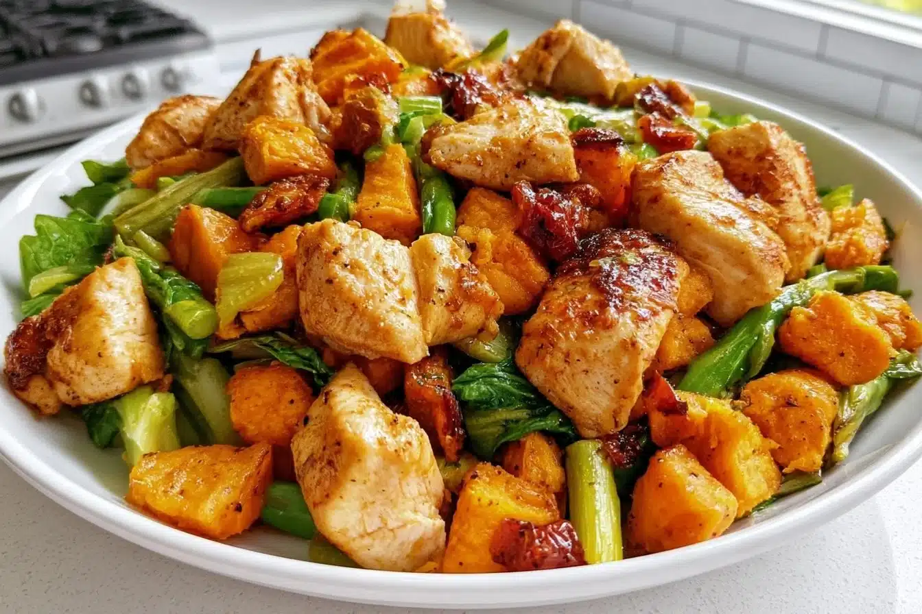 Healthy chicken and sweet potato recipe on a plate garnished with herbs.