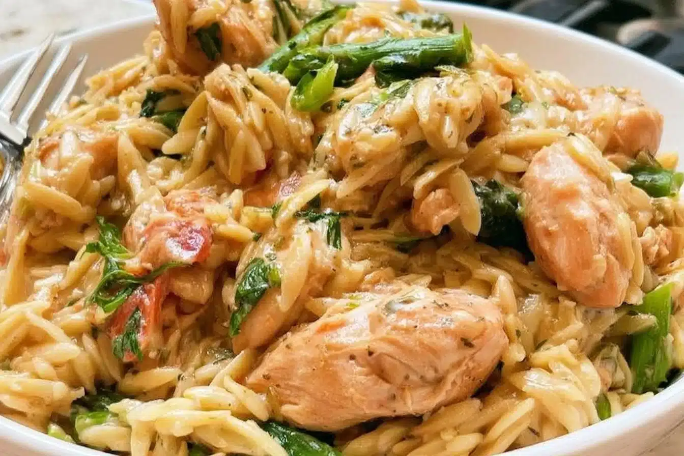 High protein chicken orzo dish with vegetables and spices