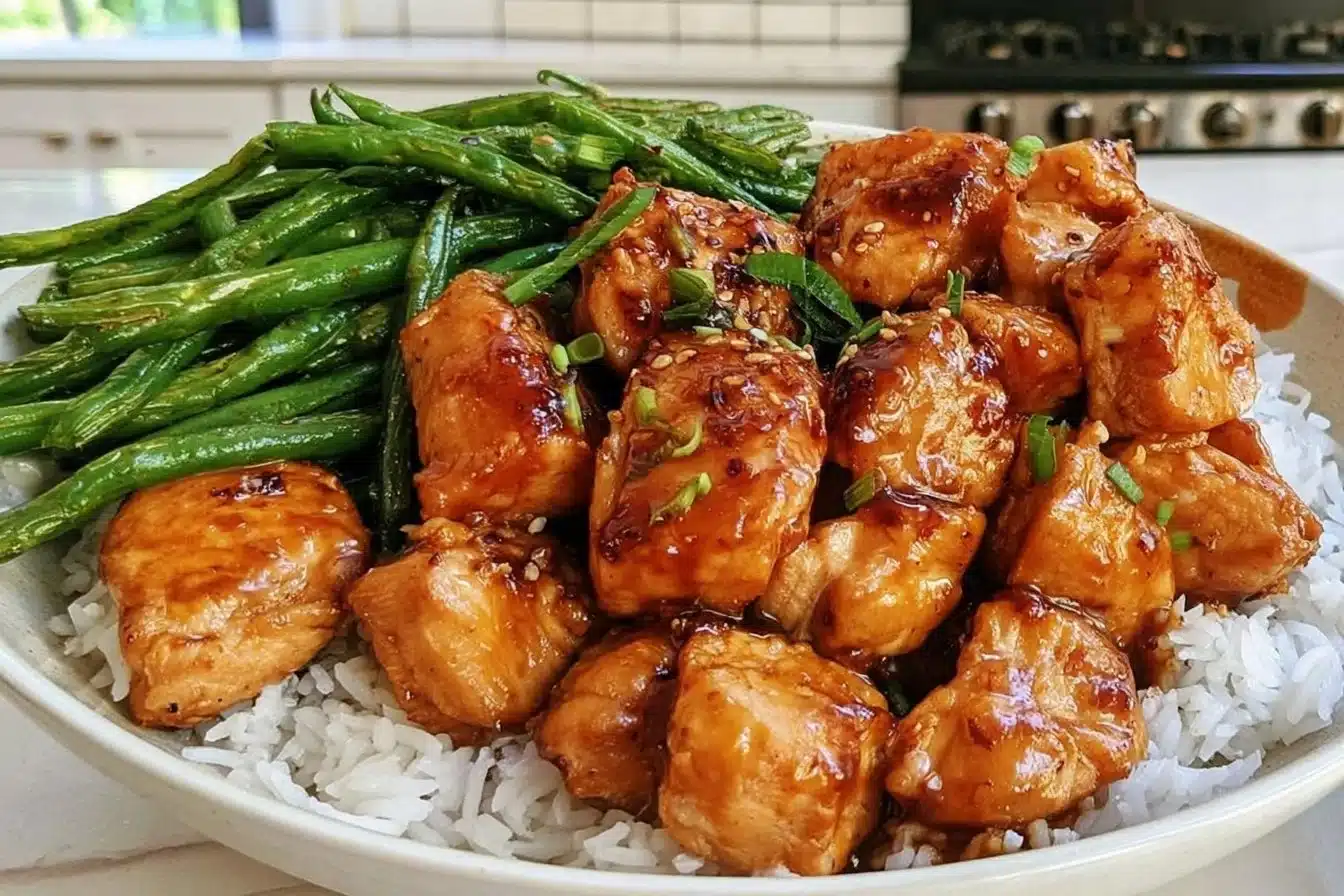 Plate of honey garlic chicken served with fresh green beans