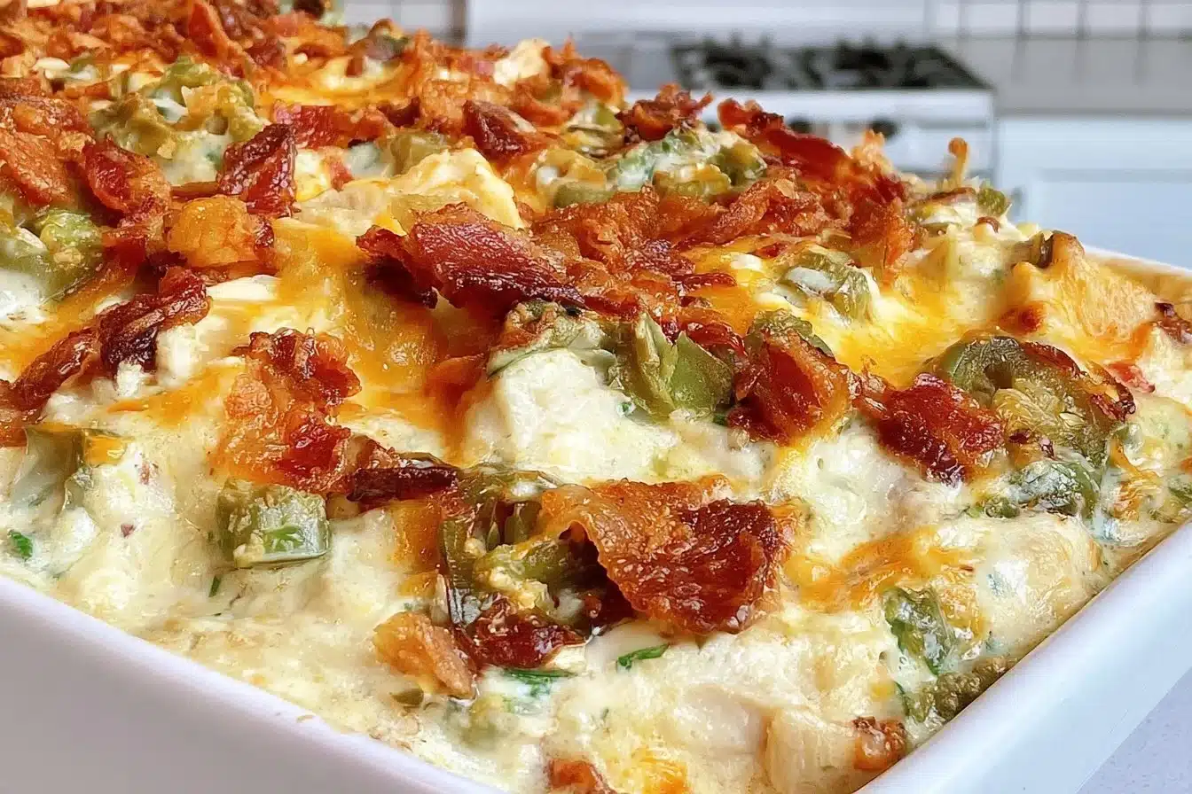 Creamy Keto Jalapeno Popper Chicken Casserole dish with jalapenos and cheese