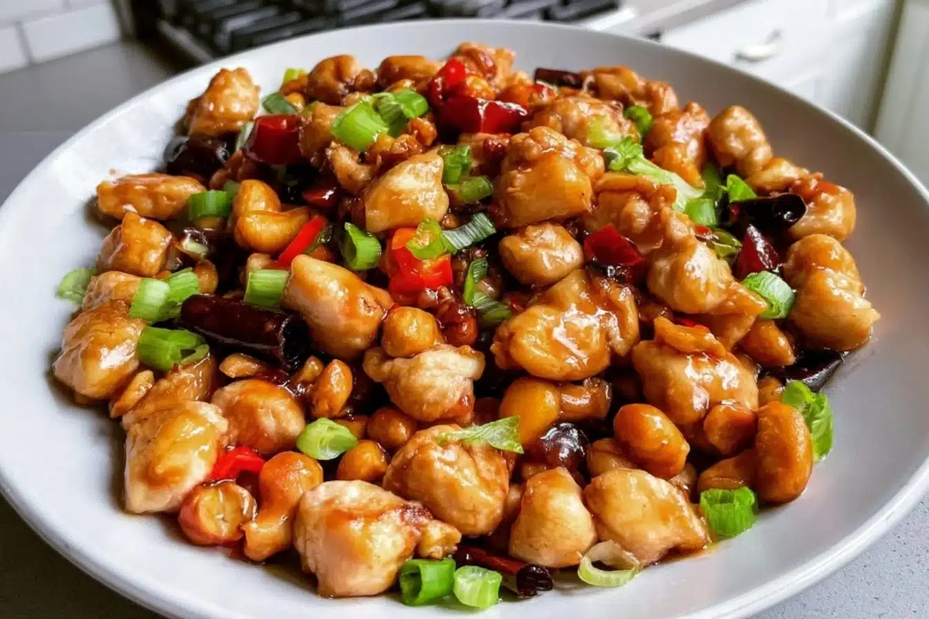 Delicious Keto Kung Pao Chicken served in a bowl with vegetables and cashews
