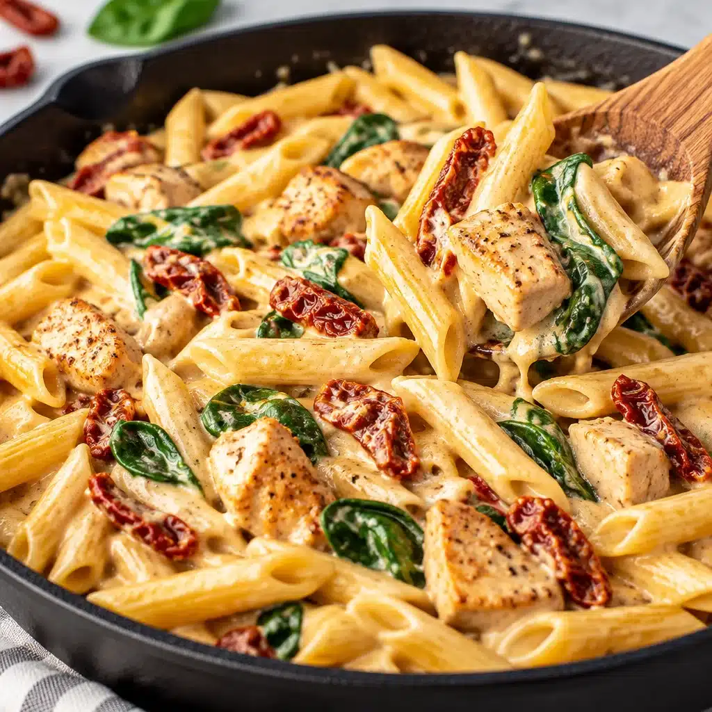 Delicious Creamy Tuscan Chicken Pasta garnished with spinach and sun-dried tomatoes.