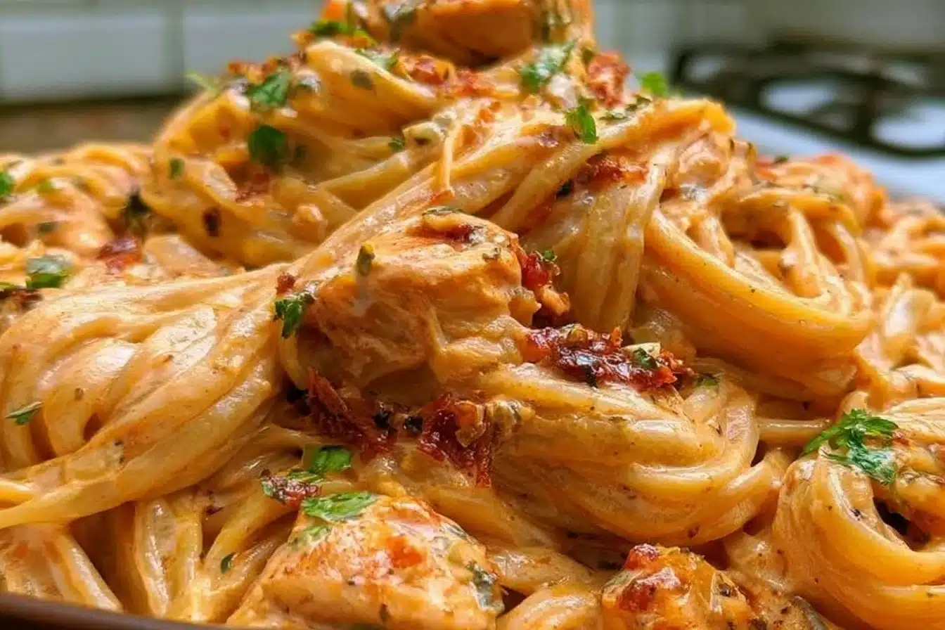 Plate of spicy chicken pasta with herbs and chili flakes