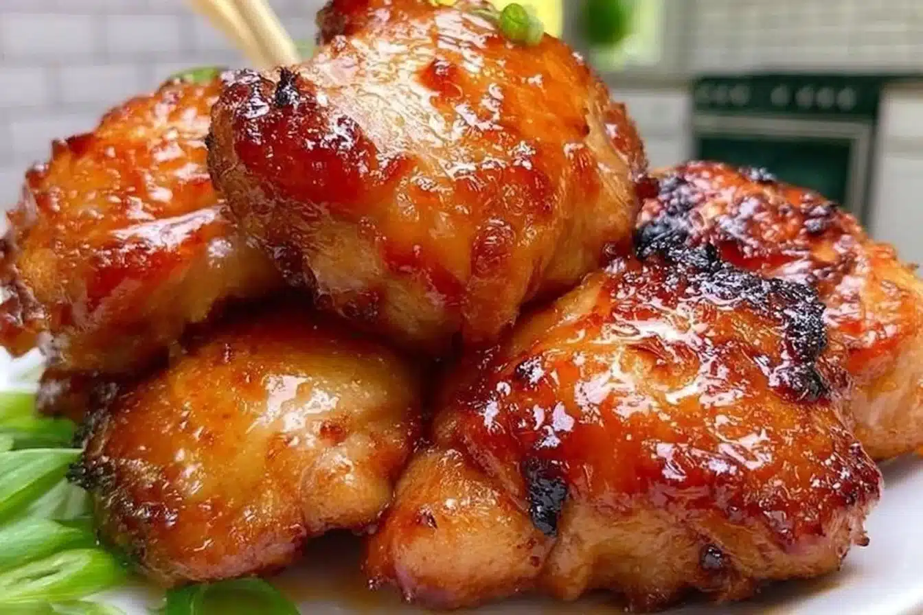 Sticky sweet chili chicken thighs cooked in an air fryer