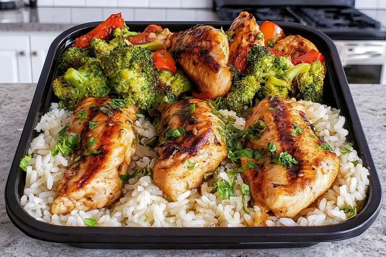 Healthy one pot chicken and rice meal prep in a skillet