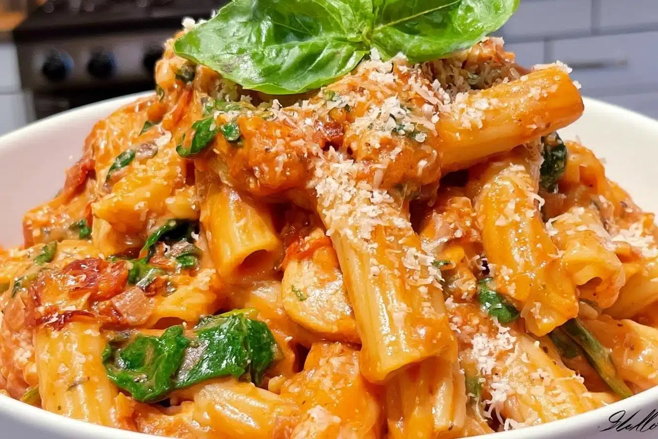 Delicious tomato spinach chicken pasta served in a bowl