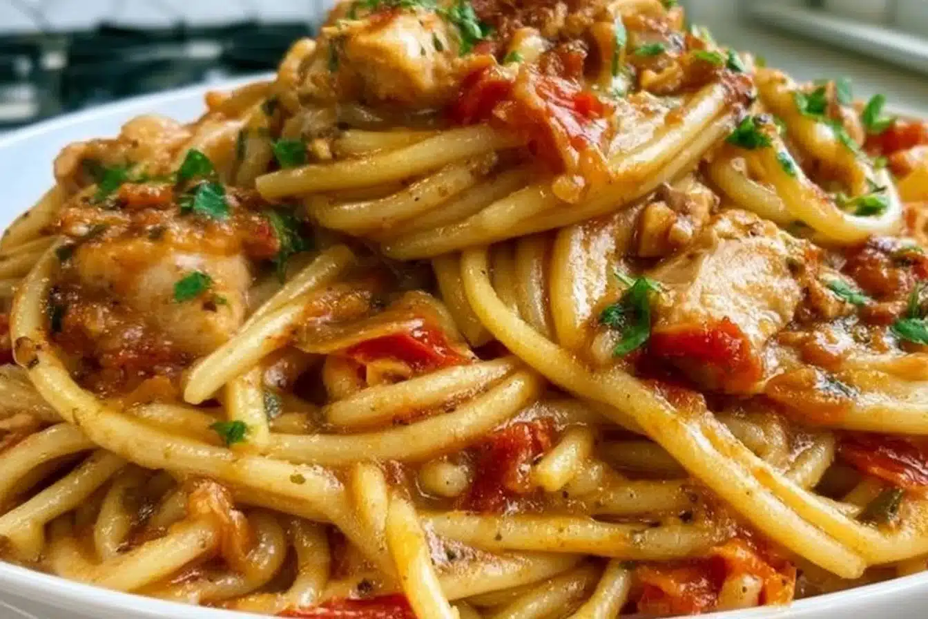 Delicious chicken spaghetti served in a bowl, perfect for weeknight dinners.